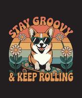 Groovy Retro Corgi Dog Skateboarding with Flowers 70s Style, Happy Vibe, Fun Illustration vector