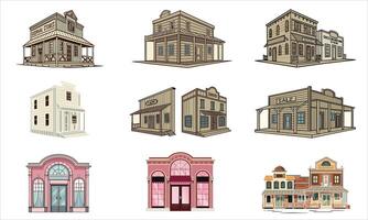 Old Western and Vintage Storefront Collection Historic Wild West Shops and Buildings Illustration Set vector