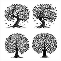 Elegant Black Tree Silhouettes with Falling Leaves and Curved Branches vector