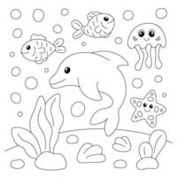 Coloring page with cute dolphin, fish, starfish and jellyfish. outline for children's coloring book. vector