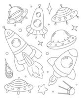 Set of hand drawn space rockets and ships for coloring. contour illustration. vector