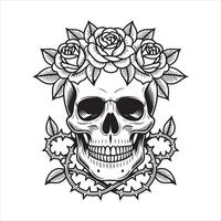 Skull with roses and leaves in the style of a tattoo vector