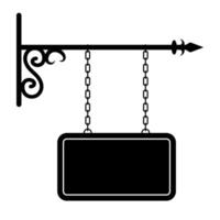 Vintage Hanging Signboard with Decorative Iron Bracket Illustration. A classic hanging signboard suspended by two vertical chains from a horizontal ornamental iron bracket. vector