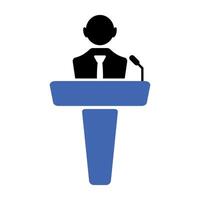 Public Speaker Icon at Podium with Microphone Illustration. A simplified silhouette of a person standing behind a blue podium, delivering a speech. vector