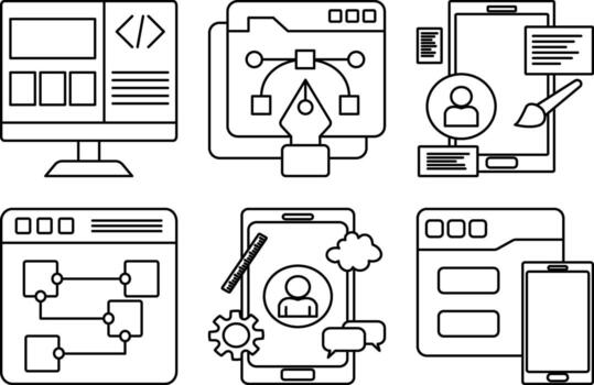 UX icon set. Six user experience interface icons featuring layout editor, wireframe tool, mobile design, sitemap builder, pen tool, and user flow. Editable stroke. vector