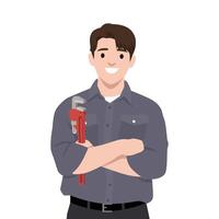 Smiling plumber holding a pipe wrench vector