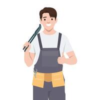 Smiling worker holding a wrench vector