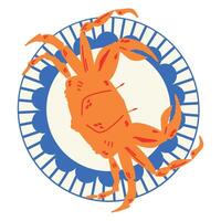 Red crab on blue plate. Seafood italian style. vector