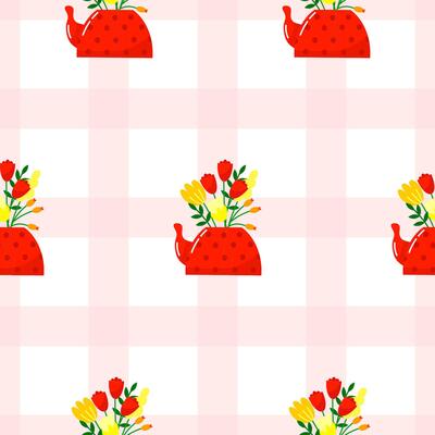 Seamless pattern of retro teapots with bouquets of flowers on a checkered background for National Grandparents Day