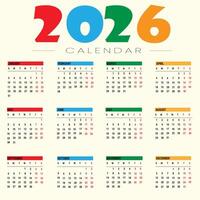 2026 Calendar with Monthly Layout and Colorful Numbers for wall calendar and desk calendar vector