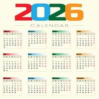 2026 Calendar with Monthly Layout and Colorful Numbers for wall calendar or desk calendar vector