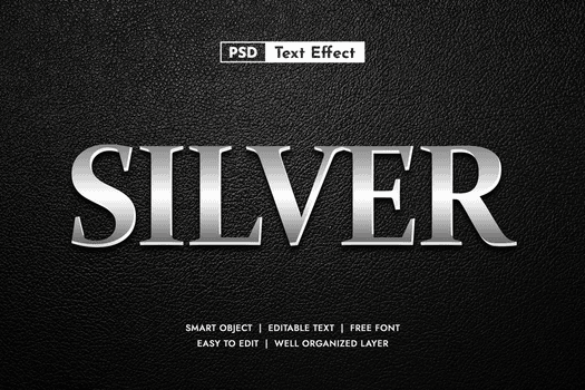 Refined 3D Silver Text Effect with a smooth, gleaming finish, perfect for elegant corporate branding, upscale event invitations, or modern design projects psd