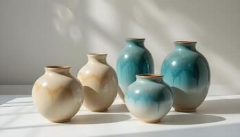 Studio Still Life with Ombre Ceramic Vases in Teal and Beige photo