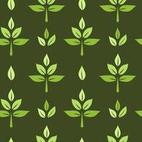 Green leaves icon seamless pattern on dark background, simple graphic pictogram illustration, eco friendly organic concept clip art, flat label element for logo, vegan, save energy and self care vector