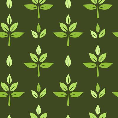 Green leaves icon seamless pattern on dark background, simple graphic pictogram illustration, eco friendly organic concept clip art, flat label element for logo, vegan, save energy and self care