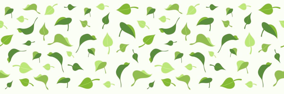 Horizontal banner mockup from Green foliage, Nature ecology seamless pattern background, hand drawn flat leaves of tea, basil, lemon, mint or lilac bush, leaf template with eco abstract texture