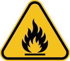 A yellow and black warning sign with a fire vector