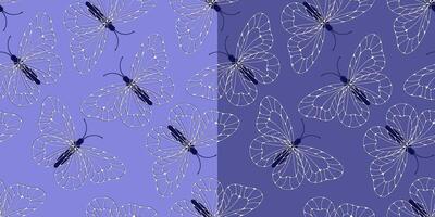 Set of seamless pattern with white outline butterflies vector