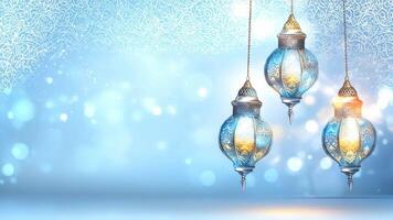 Delicate ornate lanterns adorn a soft blue backdrop for festive occasions video