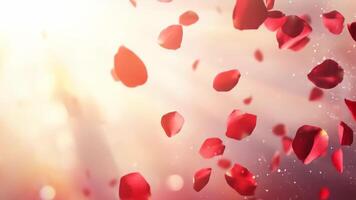 Beautiful rose petals falling with light rays convey romance and celebration video