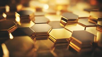 Glistening golden hexagons present a modern, futuristic surface design with luxury elements in a beautiful repeating pattern video