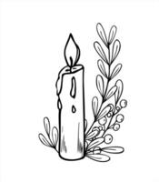 Burning candle with dripping wax and branches monochrome illustration painted by black inks. Symbolic composition etching drawing for Christmas card, religious celebration, winter decoration vector