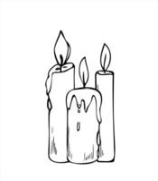 Burning candle with dripping wax and branches monochrome illustration painted by black inks. Symbolic composition etching drawing for Christmas card, religious celebration vector