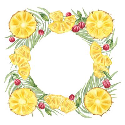 Watercolor yellow pineapple slices, red acerola berries, palm leaves square frame isolated background. Tropical and juicy fruits border with copy space for text. For healthy food label