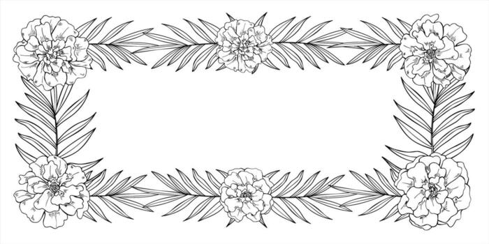 Monochrome frame with marigold flowers and tropical leaves in long rectangular format with copy space for text. Floral template for invitations, certificates, labels, greeting card, packaging vector