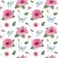 Floral pattern with pink hibiscus and butterflies vector
