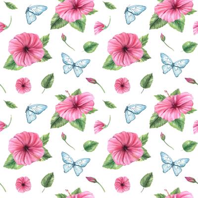 Blue butterflies fluttering among pink Chinese hibiscus flowers watercolor seamless pattern isolated background. Hand painted summer illustration for textiles, wallpapers, gift wrap, whimsical design