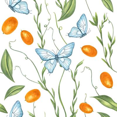 Blue orange tropical seamless watercolor pattern with flying butterflies flying among kumquat fruits isolated background. Bright summer ornate for textile design, packaging, birthday decor