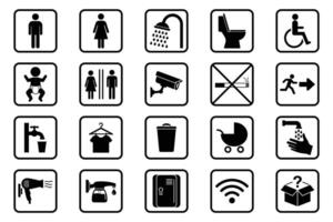Restroom and Facilities Black Silhouette Icon. Bundle Toilet, Shower, Baby Changing, WC, Accessible, Hygiene Signs vector
