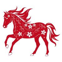 Red floral horse silhouette isolated on transparent background. Decorative folk style illustration in red and white. Perfect for Chinese New Year, zodiac, prints, crafts, and festive design. vector