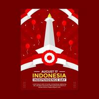 Indonesia Independence Day poster template with national monument landmark and balloons with wavy red and white flags on vertical red background vector
