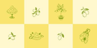 Set of whimsical lemon posters. Wedding invitation, cafe, restaurant menu, touristic beach vacation design elements. Grig yellow vintage background. Whimsical playful doodle drawing vector