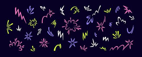 Set of hand drawn doodle cartoon comic effects. Cute line sound, angry, speed, spark, wow, punch icons. Manga symbols graphic illustration. Super hero character emotions crayon drawing vector