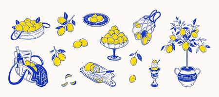 Set of blu and yellow lemon design elements. Whimsical doodle drawing. La Dolce vita Italian style. Citrus tree, vase, basket, plate, board. Lime branches, fruits, leaves. Amalfi, Positano clip art vector