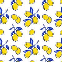 Italian lemon seamless pattern design. Blue and yellow spring summer citrus fruit hand drawn line background. Italy, Amalfi, Positano, la Dolce vita whimsical hand doodle style. Graphic textile print vector