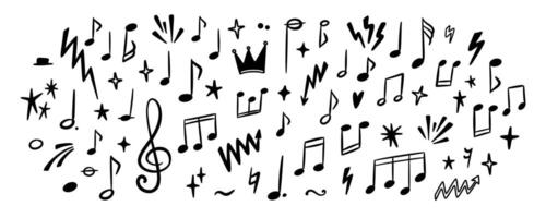 Musical hand drawn background. Music notes line doodle set. Whimsical playful crayon scribbles. Punk rock handwriting graphic grunge design. Graffiti drawing. Classic melody, piano concert poster vector