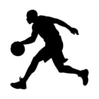 Dynamic silhouette of a basketball player dribbling the ball during a game vector