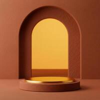 Empty podium display in warm terracotta and clay hues, with archway bathed in a golden amber light, luxury cosmetic scene photo
