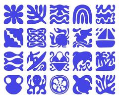 Trendy retro 70s-inspired abstract summer icons in bold blue. Set includes waves, rainbow, surfer, marine animals, plants, and beach elements. Hand-drawn organic style for modern design. vector