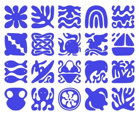 Trendy retro 70s-inspired abstract summer icons in bold blue. Set includes waves, rainbow, surfer, marine animals, plants, and beach elements. Hand-drawn organic style for modern design.