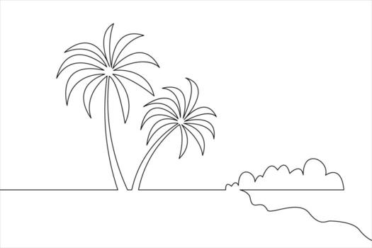 Minimalist line drawing of tropical palm trees and ocean beach with calm scenery vector