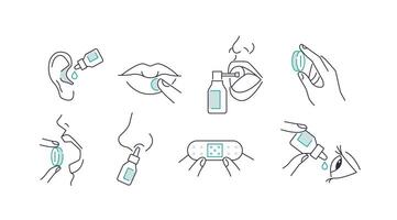 Taking medications concept set. Instruction how to use nasal spray, cold sores lips patch, eye and ear drops and other treatment vector