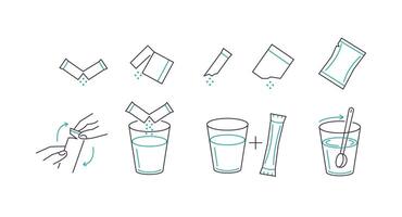 Sachet powder concept set. Instruction how to dissolve effervescent medication in water vector