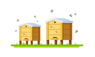Bee hives with flying bees vector
