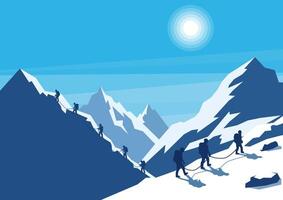 Groups of climbers walk along snowy mountains vector