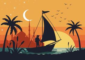 A man is sailing on a small ship against the backdrop of a sunset and an oriental city vector